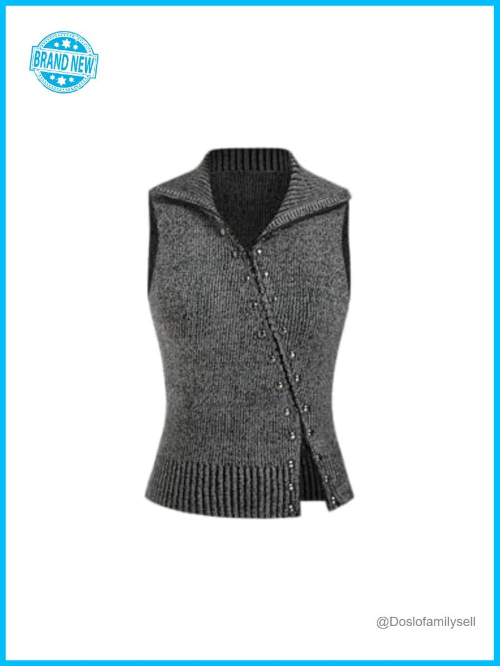 Womens Cropped Sweater Vest Rivet Sleeveless Turtleneck Zip Up Cardigan